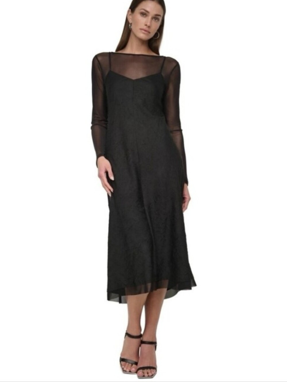 DKNY NWT Black Sheer Mesh Long Sleeve Maxi Dress Size 10 $139 Cocktail Goth